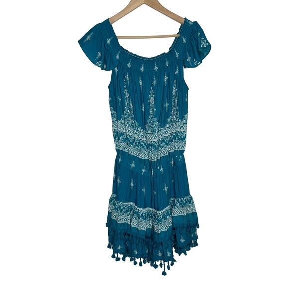 Jaase Womens Mini Dress Medium Teal Blue Tasseled Hem Ruffle Western Bohemian - Picture 2 of 11